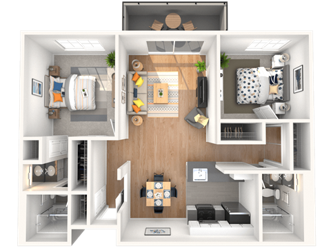 A top-down view of a small apartment with a kitchen, living room, and bedroom.